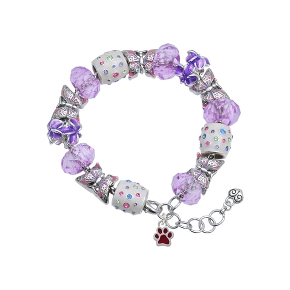 Delight Jewelry Silvertone Mini Translucent Maroon Paw Purple Butterfly Bead Charm Bracelet, 7"+1" Extender