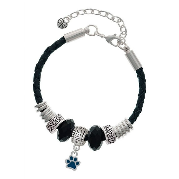 Delight Jewelry Silvertone Mini Translucent Navy Paw Niece Celtic Knot Leather Bead Bracelet, 7"+2" Extender