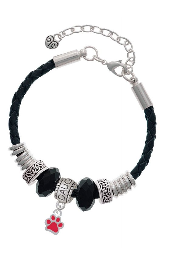 Silvertone Mini Translucent Red Paw Daughter Celtic Knot Leather Bead Bracelet, 7"+2" Extender