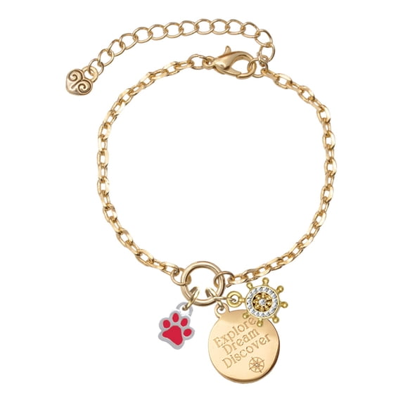 Delight Jewelry Silvertone Mini Translucent Red Paw Goldtone Discover Dream Explore Zoey Charm Bracelet, 6.5+2" Extender