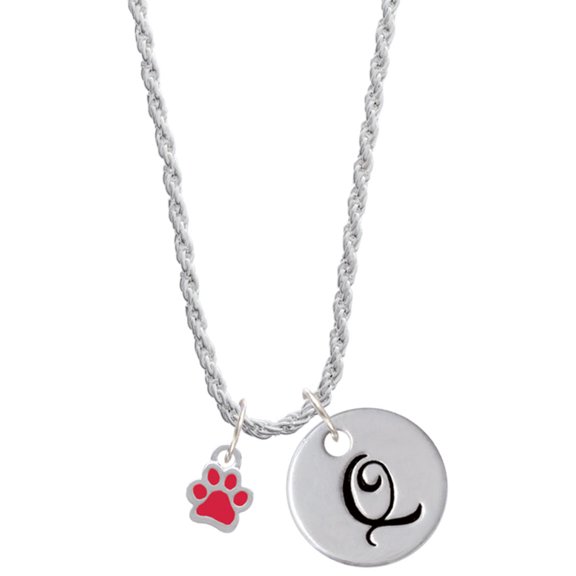 Delight Jewelry Silvertone Mini Translucent Red Paw Silvertone Script Initial Disc - Q - Charm Necklace, 20"+3"