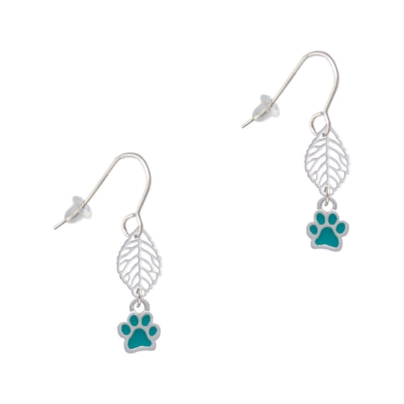 Delight Jewelry Silvertone Mini Translucent Teal Paw Silvertone Leaf French Earrings