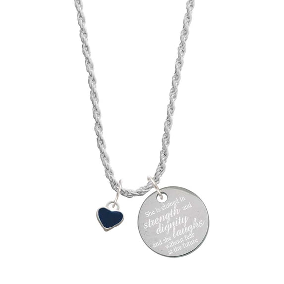 Delight Jewelry Silvertone Mini Two Sided Blue Heart She is Clothed in Stength and Dignity Charm Necklace, 20"+3"