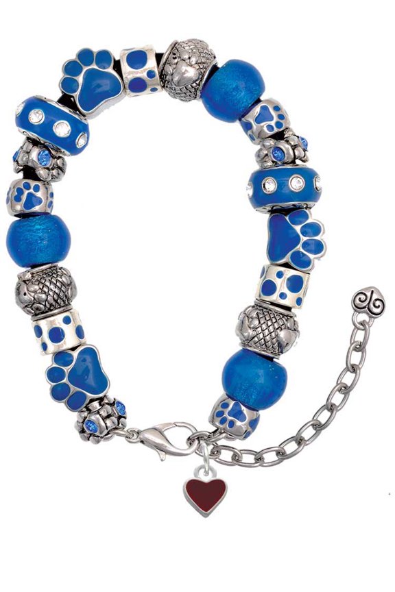 Silvertone Mini Two Sided Maroon Heart Blue Paw Print Bead Bracelet, 7"+2"