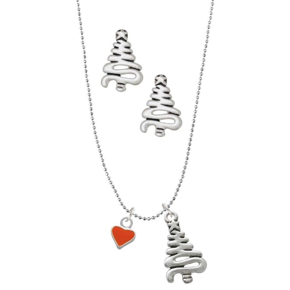 Delight Jewelry Silvertone Mini Two Sided Orange Heart Silver tone Zig Zag Christmas Tree Charm Necklace and Stud Earrings
