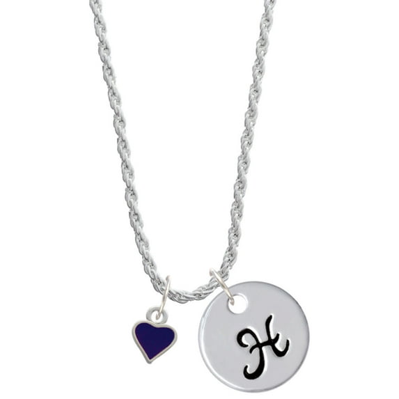 Delight Jewelry Silvertone Mini Two Sided Purple Heart Silvertone Script Initial Disc - H - Charm Necklace, 20"+3"