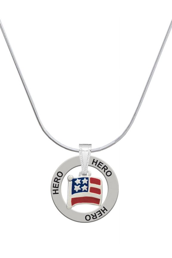 Silvertone Mini USA Flag Hero Ring Charm Necklace, 18"