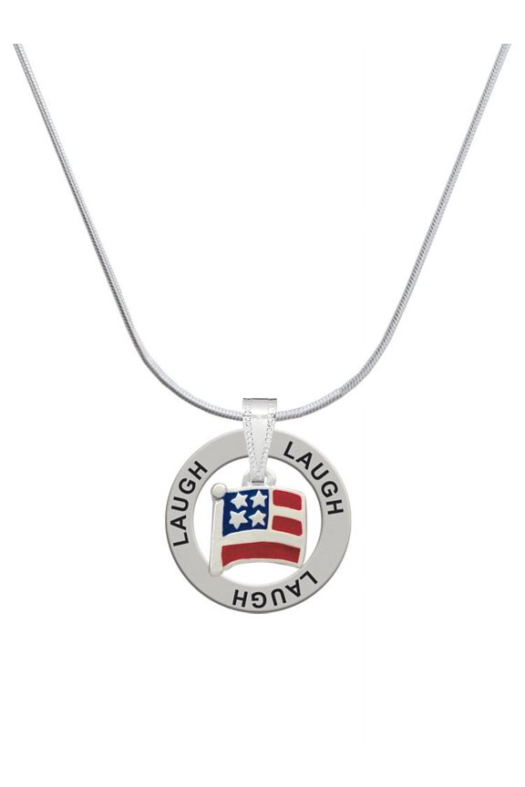Silvertone Mini USA Flag Laugh Ring Charm Necklace, 18"