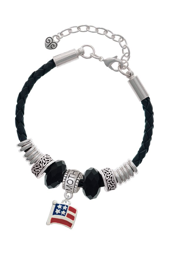 Silvertone Mini USA Flag Mother Celtic Knot Leather Bead Bracelet, 7"+2" Extender
