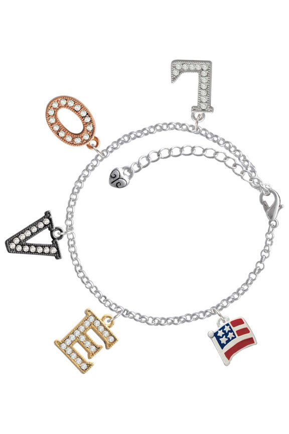 Silvertone Mini USA Flag Multi-Colored Crystal Love Charm Bracelet