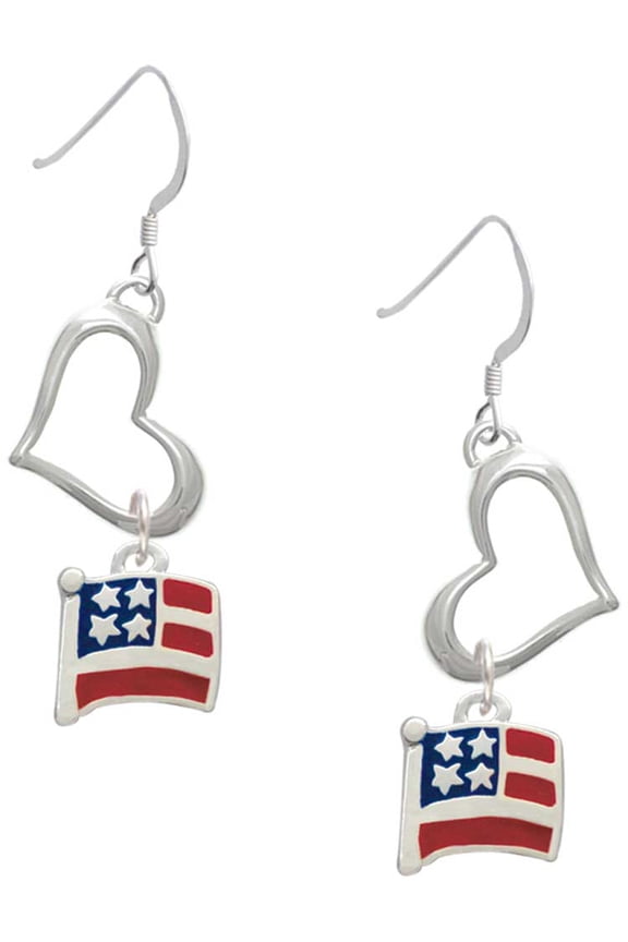 Silvertone Mini USA Flag Open Heart French Earrings