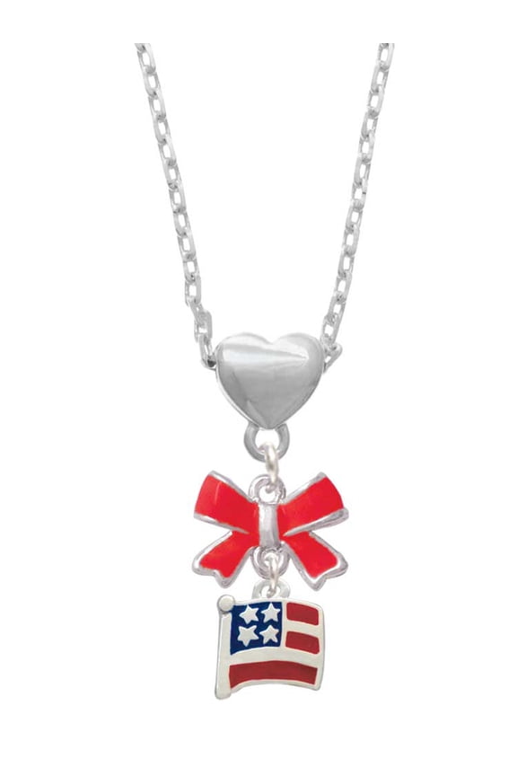 Silvertone Mini USA Flag Red Bow Heart Necklace