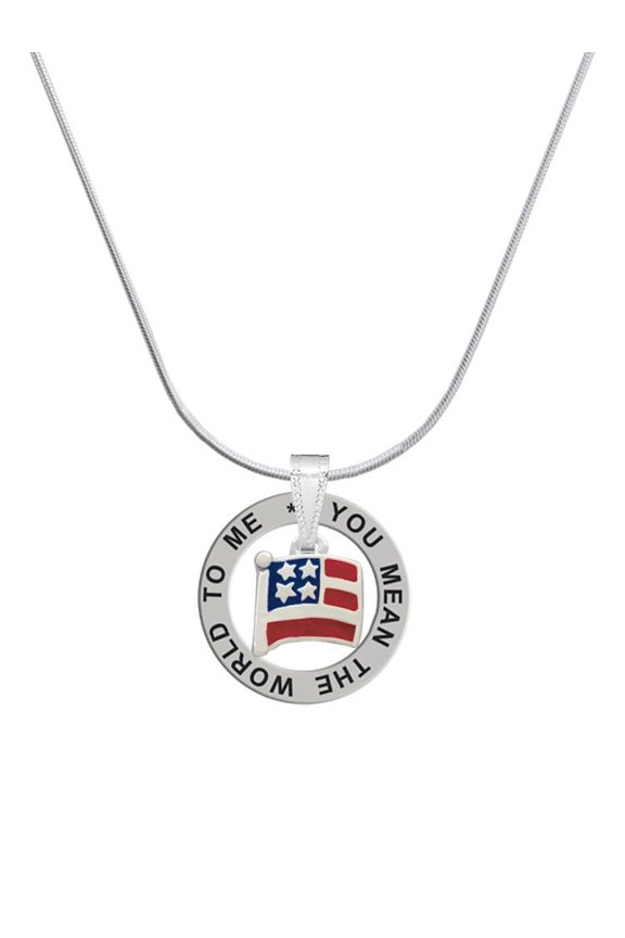 Silvertone Mini USA Flag Silver-tone You Mean the World to Me Ring Necklace, 18"