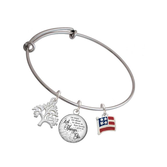 Delight Jewelry Silvertone Mini USA Flag Silvertone Let Things Go Tree Charm Bangle Bracelet