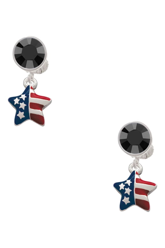 Silvertone Mini USA Patriotic Star Black Crystal Clip on Earrings