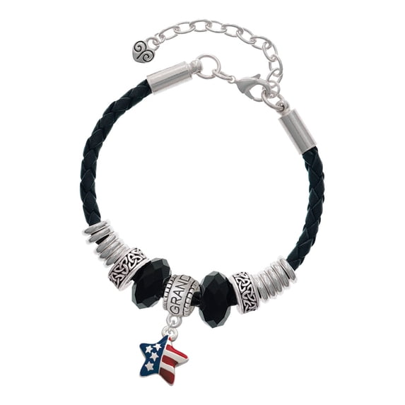 Delight Jewelry Silvertone Mini USA Patriotic Star Granddaughter Celtic Knot Leather Bead Bracelet, 7"+2" Extender