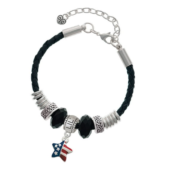Delight Jewelry Silvertone Mini USA Patriotic Star Sister Celtic Knot Leather Bead Bracelet, 7"+2" Extender