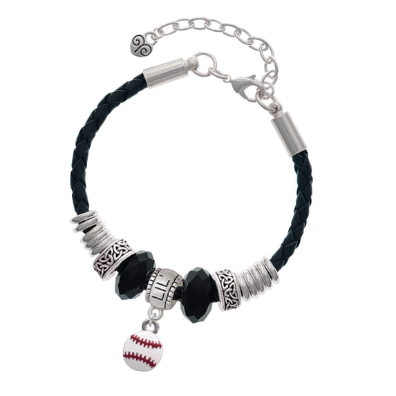 Delight Jewelry Silvertone Mini White Baseball - Middle Sister Celtic Knot Leather Bead Bracelet, 7"+2" Extender