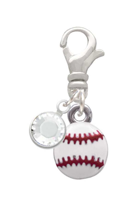 Silvertone Mini White Baseball - - Silvertone Clip on Charm with Clear Crystal Drop