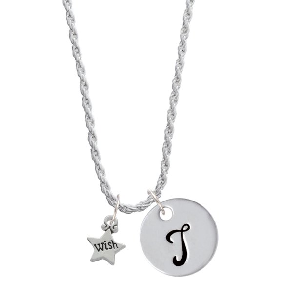 Delight Jewelry Silvertone Mini ''Wish'' Star Silvertone Script Initial Disc - T - Charm Necklace, 20"+3"