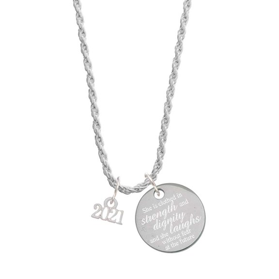 Delight Jewelry Silvertone Mini Year 2021 She is Clothed in Stength and Dignity Charm Necklace, 20"+3"