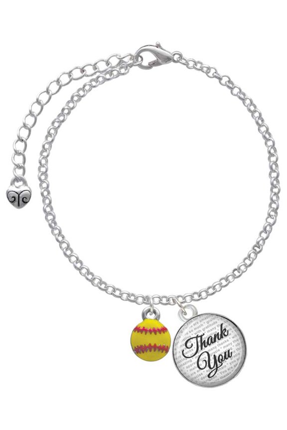 Silvertone Mini Yellow Softball - Domed Thank You Charm Bracelet, 6"+2"