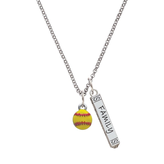 Delight Jewelry Silvertone Mini Yellow Softball - Silvertone Family Bar Charm Necklace, 23"