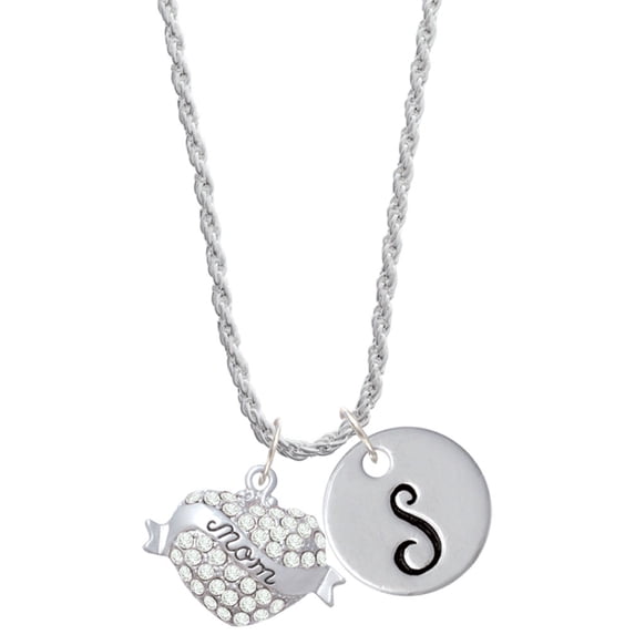 Delight Jewelry Silvertone Mom Banner on Clear Crystal Heart Silvertone Script Initial Disc - S - Charm Necklace, 20"+3"