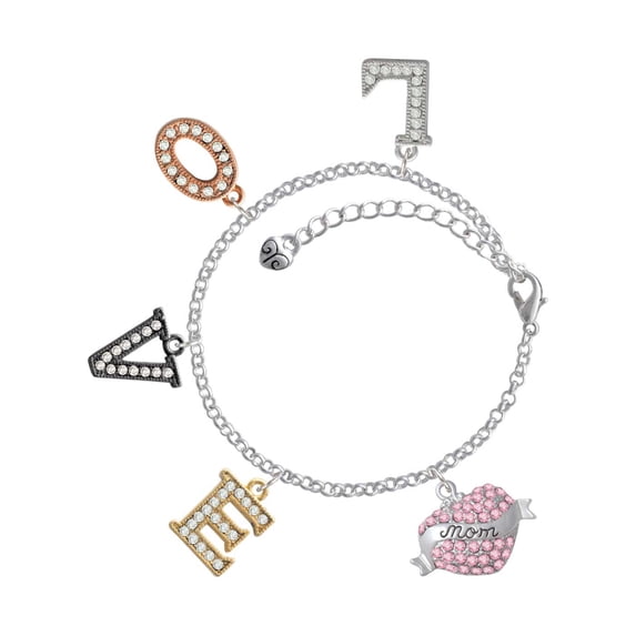 Delight Jewelry Silvertone Mom Banner on Pink Crystal Heart Multi-Colored Crystal Love Charm Bracelet