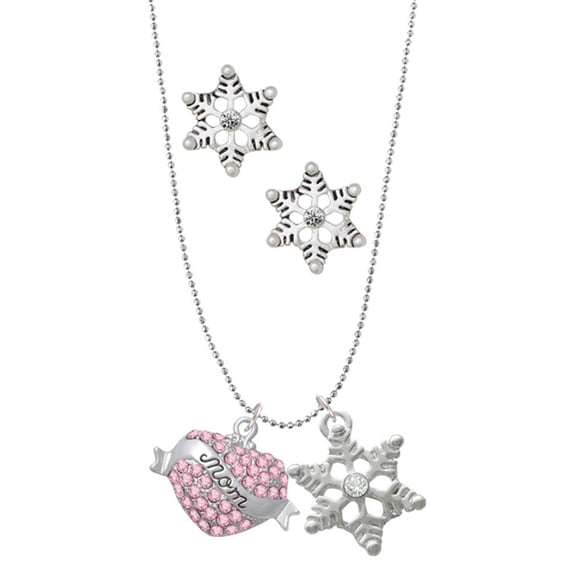 Delight Jewelry Silvertone Mom Banner on Pink Crystal Heart Silver tone Snowflake Charm Necklace and Stud Earrings