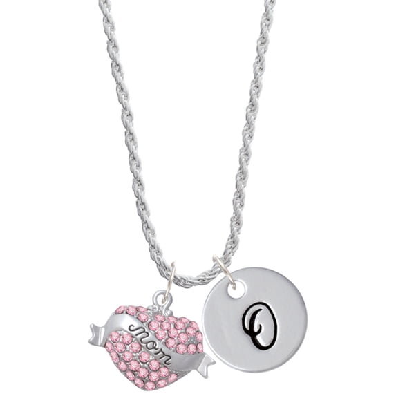 Delight Jewelry Silvertone Mom Banner on Pink Crystal Heart Silvertone Script Initial Disc - O - Charm Necklace, 20"+3"
