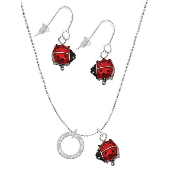 Delight Jewelry Silvertone Mom Eternity Ring Red Lucky Ladybug Necklace and Dangle Earrings Set