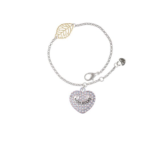 Delight Jewelry Silvertone Mom Rocks on AB Crystal Heart - Goldtone Leaf Delicate Bracelet, 6.25+1.75"
