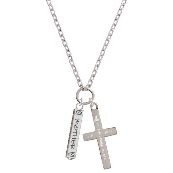 Delight Jewelry Silvertone Mother Daughter Friends Forever Bar I Have Plans for You Engraved Cross Zoey Necklace, 28"