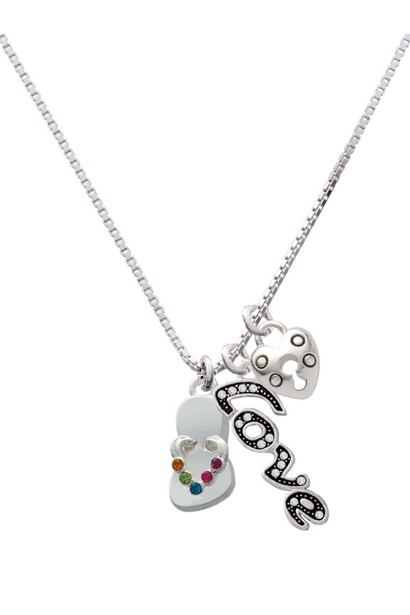 Silvertone Multicolored Crystal Flip Flop - Love and Lock Charm Necklace, 18"+1"