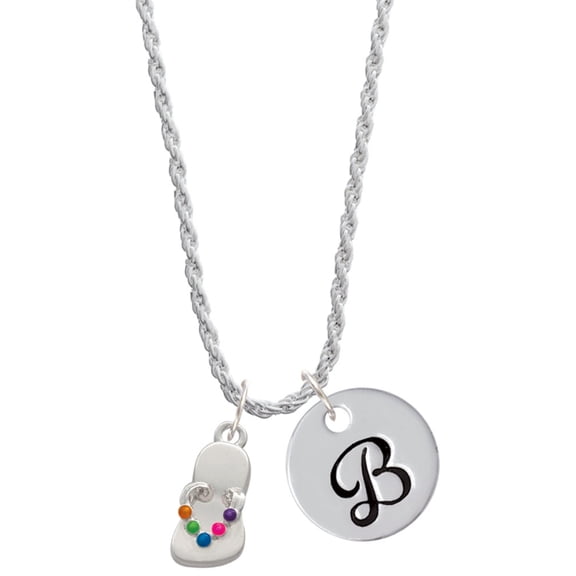 Delight Jewelry Silvertone Multicolored Flip Flop Silvertone Script Initial Disc - B - Charm Necklace, 20"+3"
