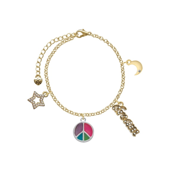 Delight Jewelry Silvertone Multicolored Peace Sign Goldtone Dream Big Charm Bracelet, 7.5+2" Extender