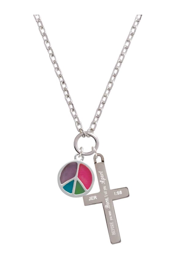 Silvertone Multicolored Peace Sign I Set You Apart Engraved Cross Zoey Necklace, 28"