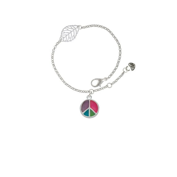 Delight Jewelry Silvertone Multicolored Peace Sign - Silvertone Leaf Delicate Bracelet, 6.25+1.75"