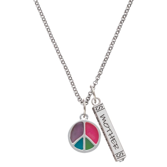 Delight Jewelry Silvertone Multicolored Peace Sign Silvertone Mother Daughter Bar Charm Necklace, 23"