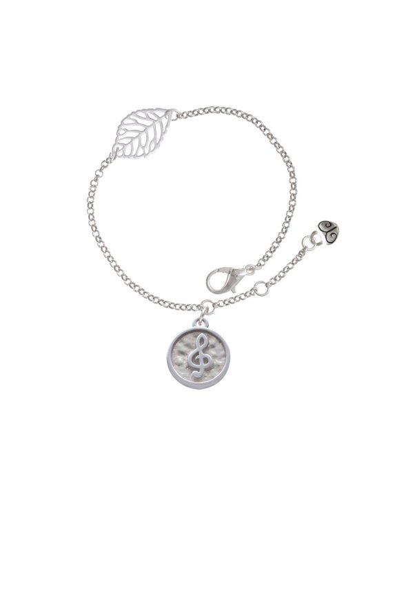 Silvertone Music Clef - Round Seal - Silvertone Leaf Delicate Bracelet, 6.25+1.75"