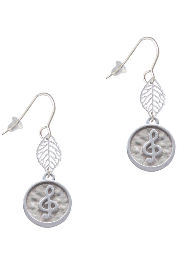 Silvertone Music Clef - Round Seal Silvertone Leaf French Earrings