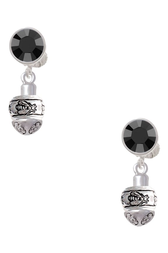 Silvertone Napoleon's Bee Spinner Black Crystal Clip on Earrings