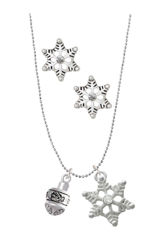 Silvertone Napoleon's Bee Spinner Silver tone Snowflake Charm Necklace and Stud Earrings