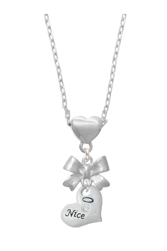 Silvertone Naughty or Nice Heart with Crystals Silver tone Bow Heart Necklace