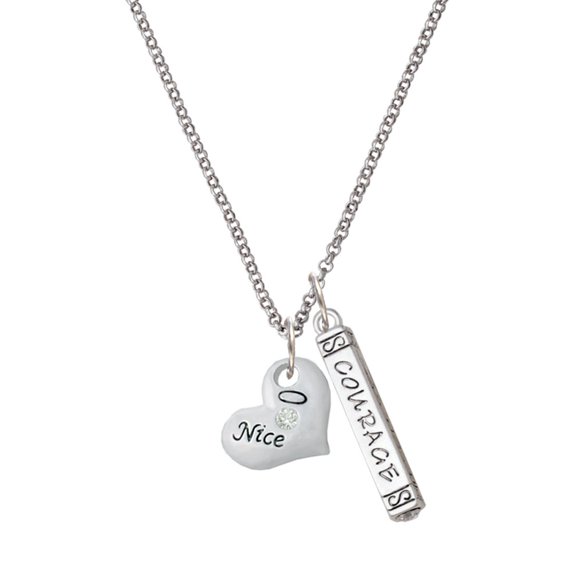 Delight Jewelry Silvertone Naughty or Nice Heart with Crystals Silvertone Courage Strength Wisdom Honesty Bar Charm Necklace, 23"