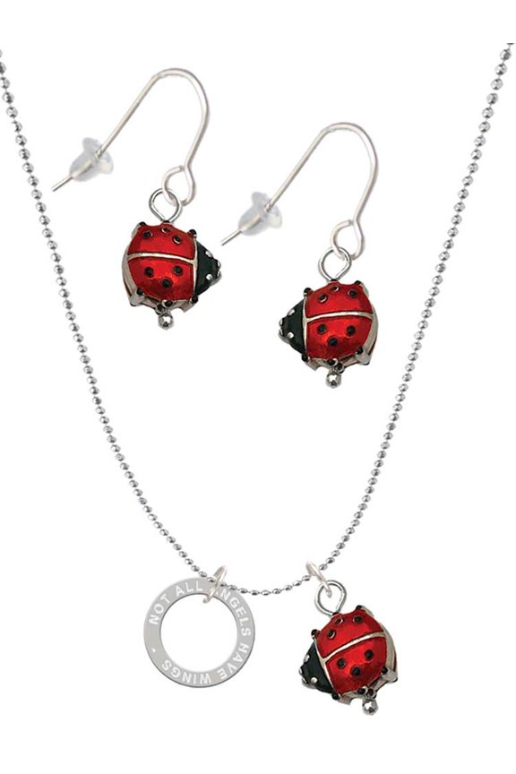 Silvertone Not All Angels Have Wings Eternity Ring Red Lucky Ladybug Necklace and Dangle Earrings Set