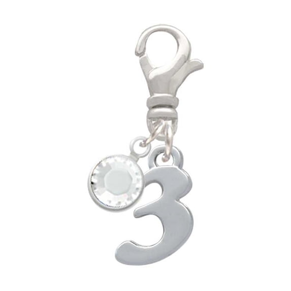 Delight Jewelry Silvertone Number - 3 - - Silvertone Clip on Charm with Clear Crystal Drop