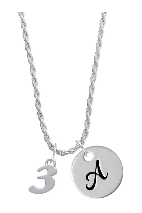 Silvertone Number - 3 - Silvertone Script Initial Disc - A - Charm Necklace, 20"+3"