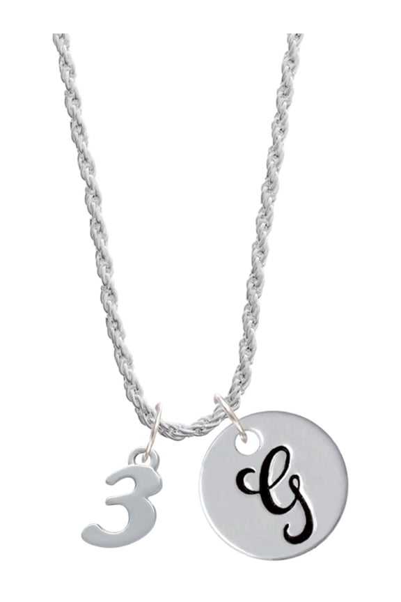 Silvertone Number - 3 - Silvertone Script Initial Disc - G - Charm Necklace, 20"+3"
